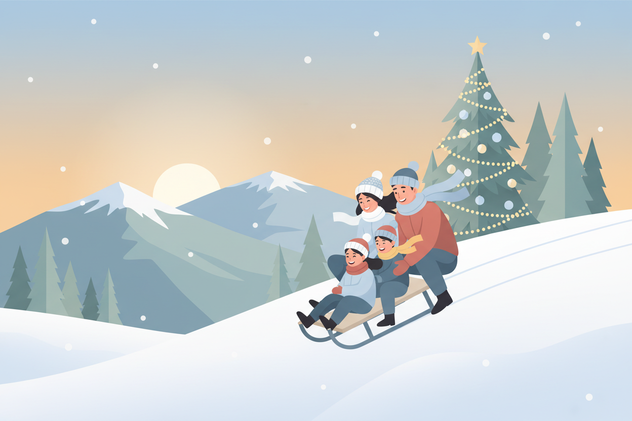 Winter holiday scene with Ukrainian family: parents and children sledding down a snowy hill, beautiful Christmas tree in the background, Carpathian mountains landscape, golden hour warm lighting, snow falling gently, joyful atmosphere, illustration style matching the current site aesthetic (flat design, soft colors like the summer banner but with winter palette - whites, soft blues, greens from pine trees, orange sunset glow), no text on image
